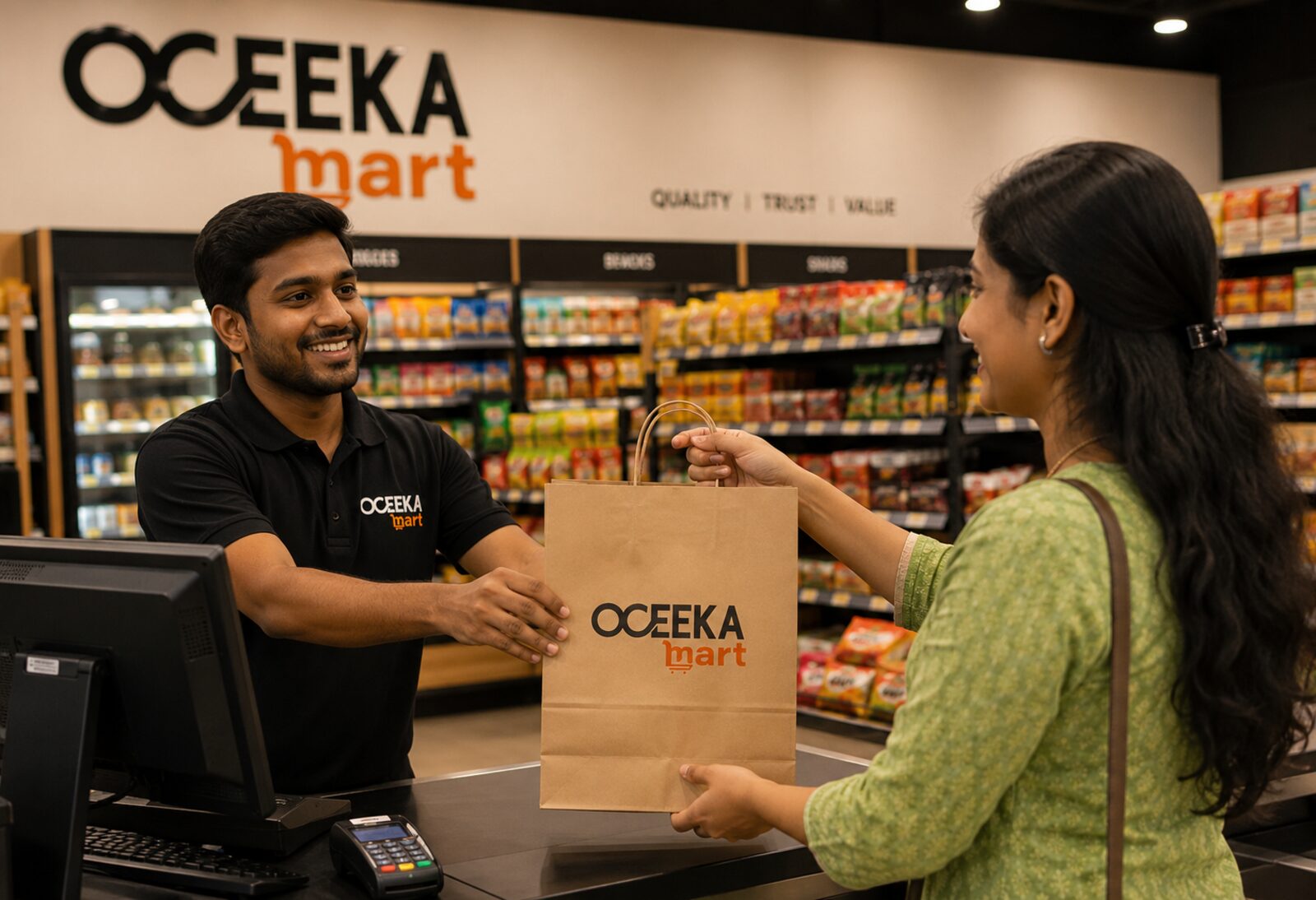 Oceeka Mart staff handing a shopping bag to a happy customer