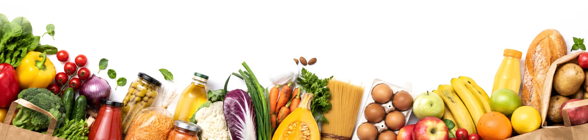 Fresh vegetables, fruit, eggs, bread and pantry staples