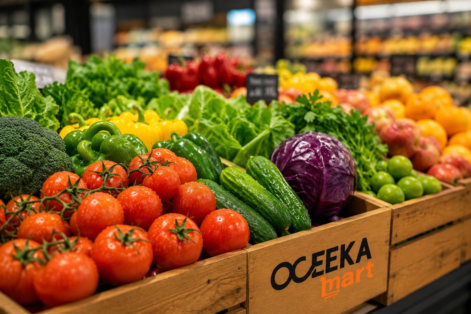 Fresh vegetables in Oceeka Mart branded crates