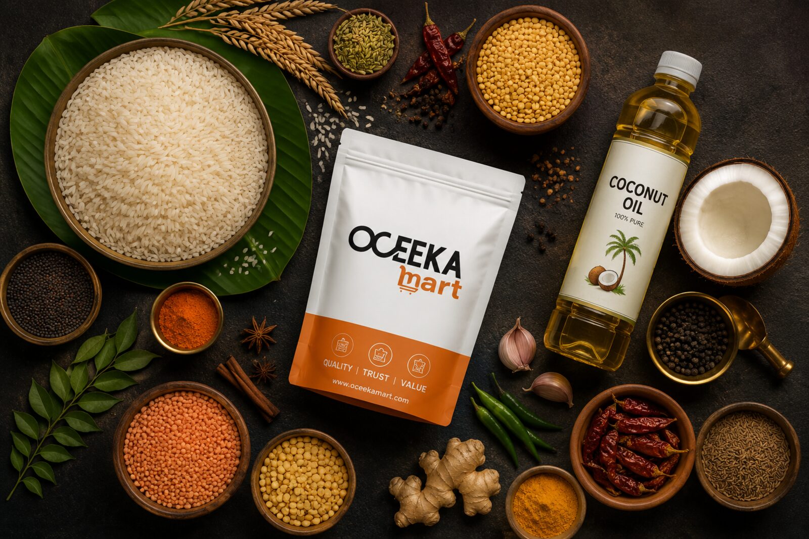 Oceeka Mart products with Kerala rice, spices and coconut oil