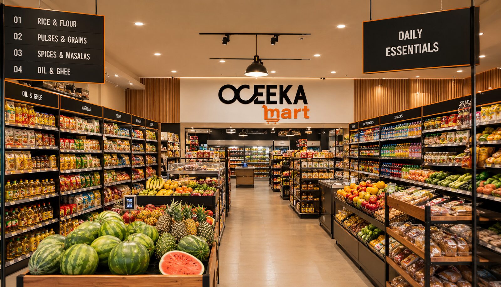 Inside Oceeka Mart — bright aisles of groceries and fresh produce