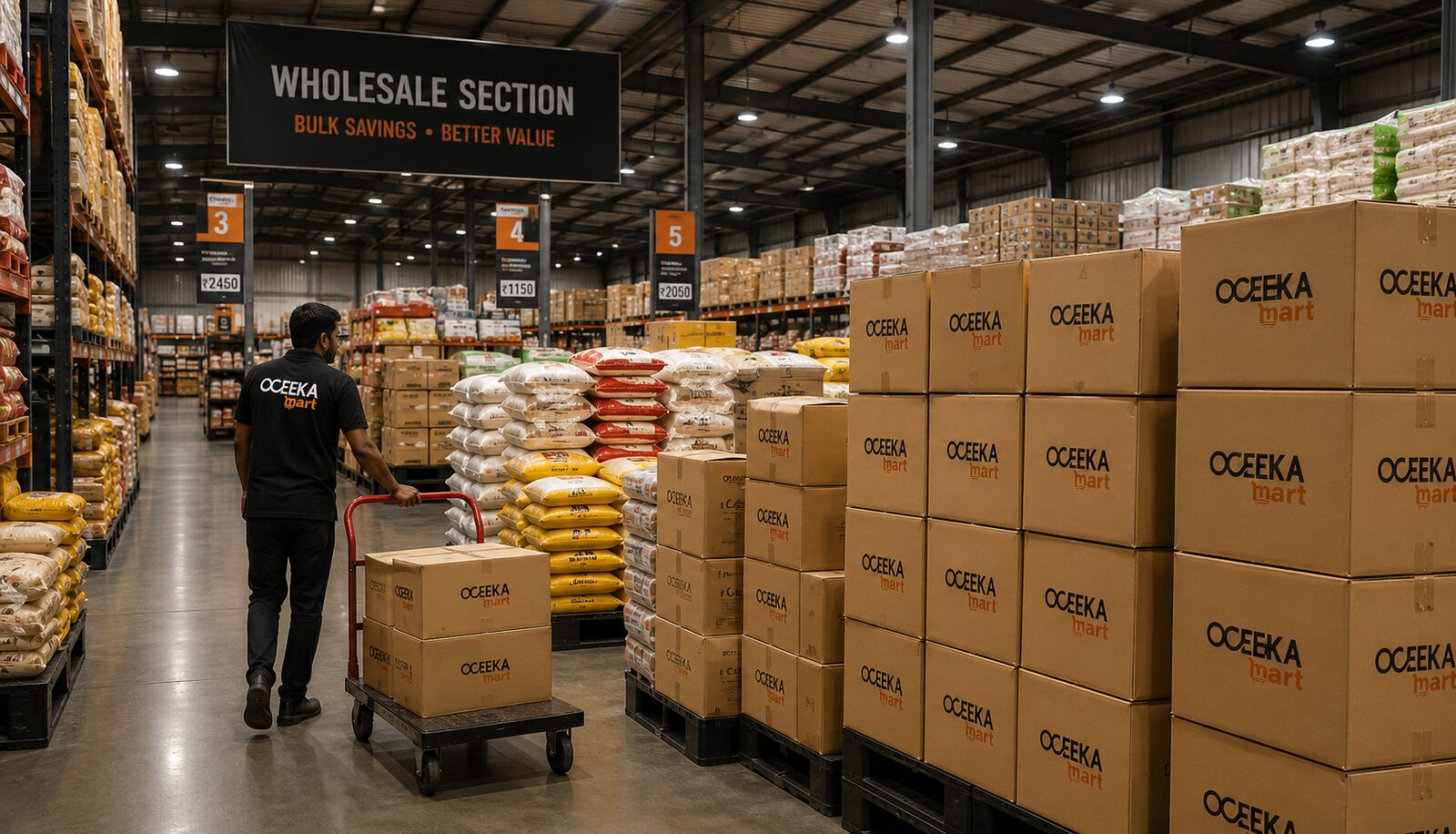 Oceeka Mart wholesale section with bulk cartons and rice sacks